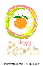 A summer postcard with a peach and the inscription happy peach. Color poster. Multicolored background. Imitation of paint splashes