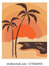 Summer postcard or poster. Ready for print. Vector illustration of sea landscape. Seascape with palm trees 