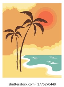 Summer postcard or poster. Ready for print. Vector illustration of sea landscape. Seascape with palm trees 