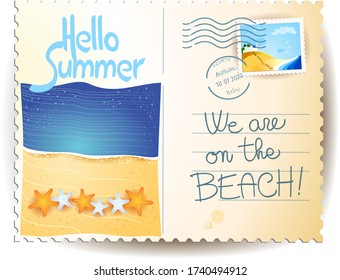 Summer postcard with seascape, text, stamp and postmark. Vector illustration eps10