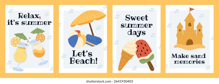 Summer postcard set with tropical beach vacation elements. Vector collection of four illustrated summer cards with hand-drawn cocktails, beach umbrella, towel, ball, ice cream, watermelon popsicle.