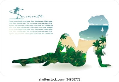 summer postcard with silhouette of a woman  on the beach