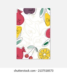 Summer postcard template with Fruit. Seasonal fruit border. Lemon, apple fruit, Pear, fig, pomegranate,cherry isolated. Summer tropical background For text, save date, photo.