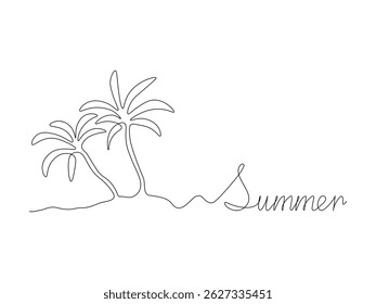Tarjeta postal de verano con texto e isla en el océano con palmeras, una sola línea continua de arte de dibujo a mano logotipo de boceto