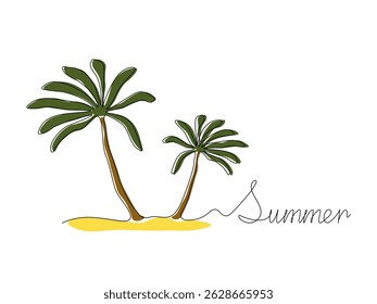 Tarjeta postal de verano con texto e isla en el océano con palmeras, una sola línea continua de arte de dibujo a mano logotipo de boceto