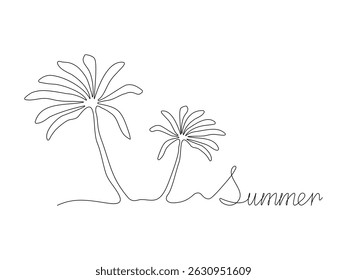 Summer postcard with text and island in the ocean with palm trees , continuous single one line art hand drawing sketch logo