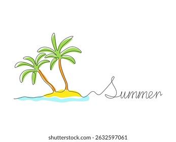 Summer postcard with text and island in the ocean with palm trees , continuous single one line art hand drawing sketch logo