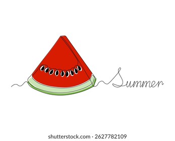 Cartão postal de verão com texto e melancia, contínuo uma linha arte mão desenho esboço logotipo