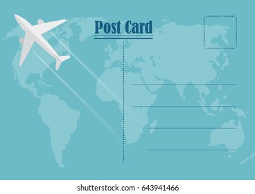 Summer postcard. Vector airplane fly on the world