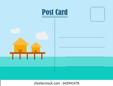 Summer postcard. Vector bungalow on reef 