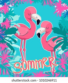 Summer Postcard Vector Illustration, Beautiful pink flamingo in the jungle, palm trees, tropical design elements