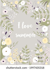 Postal de verano. Ilustración vectorial con hermosas flores de verano lindas y texto. Imagen para postales, impresión, diseño, afiche, banner, fondo.