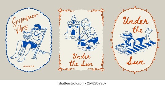 Summer Postcard Vintage Beach Whimsical Doodle Poster Set Sketch Travel Vector Sea Vacation Man Reading Boy Building Sandcastle And Woman Sunbathing