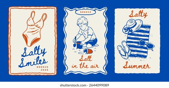 Summer Postcard Vintage Beach Whimsical Doodle Poster Set Sketch Travel Vector Sea Vacation Swimsuit Sandcastle And Beach Accessories