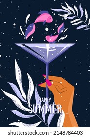 Summer postcard with a woman and cocktail. Tropical illustration. Summer holliday, party, vacation, travel. Vector templates for card, poster, flyer, banner and other use 

