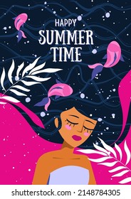 Summer postcard with a woman and fishes. Tropical illustration. Summer holliday, party, vacation, travel. Vector templates for card, poster, flyer, banner and other use