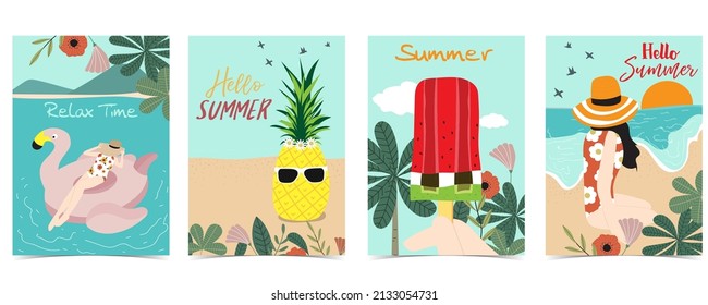 Summer postcard with women,flower,beach,tree,pineapple,ice cream and leaf