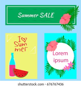 Summer postcards Elements. Flowers, watermelon, lemonade, tropic, sun. Vector illustration.