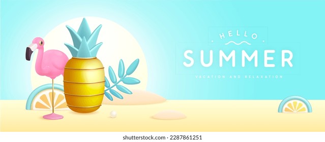 Summer poster with 3D plastic pineapple,tropic leaves and flamingo. Summer background. Vector illustration