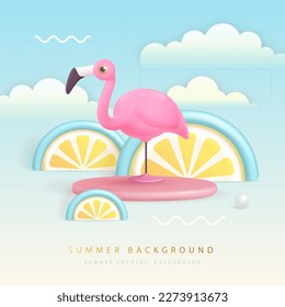 Summer poster with 3D plastic tropic fruits and flamingo. Summer background. Vector illustration
