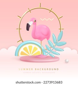 Summer poster with 3D plastic tropic fruits, leaves and flamingo. Summer background. Vector illustration