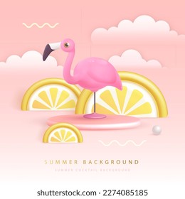 Afiche de verano con frutas tropicales de plástico 3D y flamingo. Fondo de verano. Ilustración del vector