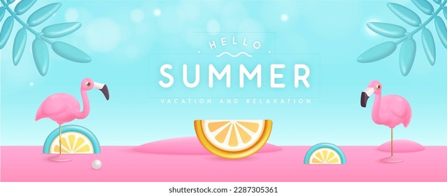 Summer poster with 3D plastic tropic fruits, leaves and flamingo. Summer background. Vector illustration