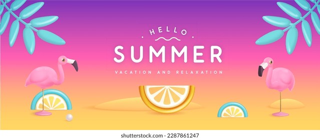 Summer poster with 3D plastic tropic fruits, leaves and flamingo. Summer background. Vector illustration