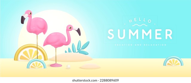 Summer poster with 3D plastic tropic fruits, leaves and flamingo. Summer background. Vector illustration