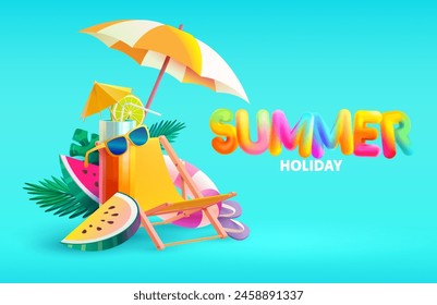 Summer poster with 3D realistic cocktail, beach chair, umbrella, fruit and word "summer. Realistic vector illustration.