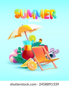 Summer poster with 3D realistic cocktail, beach chair, umbrella, fruit and word "summer. Concept vector illustration.