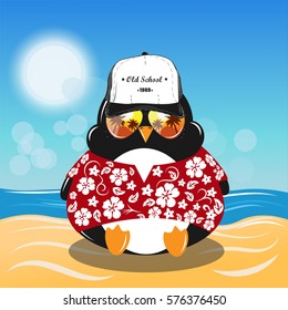 Summer Poster Art with penguin. Vector Illustration