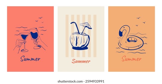 Summer poster, background, card. Hand-drawn minimalistic vector illustration. Doodle with a coconut drink, hands with glasses on the background of the sea, flamingos.