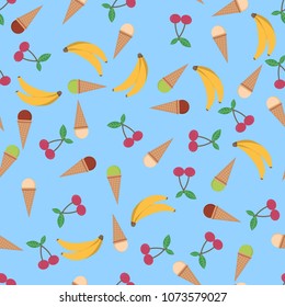 Summer poster background with ice cream cone, cherry and banana. Vector illustration