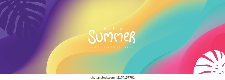 Summer poster banner background with abstract ripple and tropical leaf