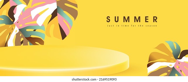 Summer poster banner background template for promotion with yellow product display and Colorful Tropical leaf 