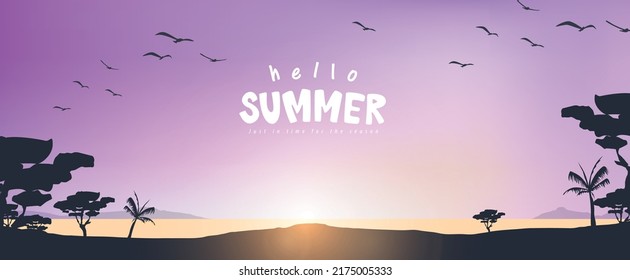 Summer poster banner background template with Scenic sunset on tropical beach 