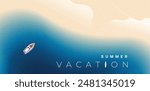 Summer poster, banner, holiday cover, card. Trendy summer design with with landscape, beach, surf, sea waves, yacht and typography. Summer holidays, vacation, travel vector illustration.