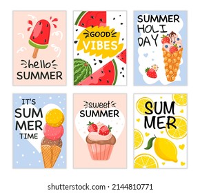  Summer poster, banner with ice cream, watermelon, waffle, cupcake and lemons. Lettering and colorful design for poster, card, invitation. Easy editable for Your design.
