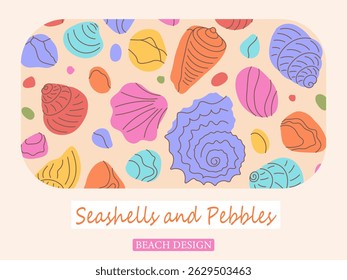 Sommerplakat oder Banner mit Muscheln und Kies auf Sand. Handgezeichnete Seemodellvorlagen für Marken, Etiketten, Verpackungen, Werbung, Hintergründe. 