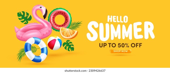 Afiche de verano o patrón de banner con flamenco flotante de la piscina, sandía flotando y elemento de verano sobre fondo amarillo. Plantilla de promoción y compras para el verano