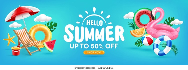 Summer poster or banner template With Pink Flamingo Pool Float,Fruit Pool Floats,Beach Chairs, Beach Umbrella and Summer element on blue background.Promotion and shopping template for Summer