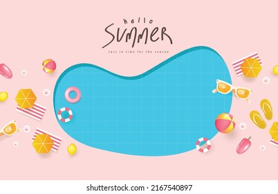 Summer poster banner template for promotion with copy space pool background and elements for beach party