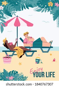 Summer poster or banner template with sunbathing man and woman, flat cartoon vector illustration. Happy couple at summer vacation on tropical seashore.