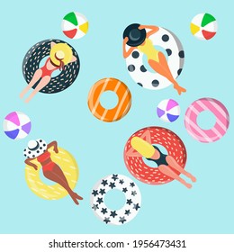 Summer poster and banner template with Women on round pool floats in the tiled pool Background. Top view Pool background. people relaxing in the pool.