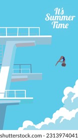 summer poster and banner wallpaper. illustration of a swimmer jumping high into a swimming pool