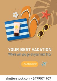 Summer poster. Beach accessories on sandy beach. Vector Illustration