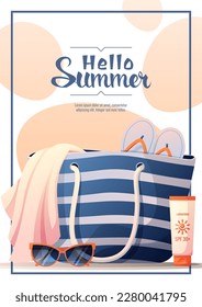 Sommerposter mit Strandtasche und Zubehör. Badewanne, Urlaub am Meer. Banner, Flyer, Hintergrund für Sommerwerbung