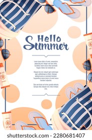 Summer poster with beach bag and accessories. Beach vibe, seaside vacation. Banner, flyer, background for summer promotion