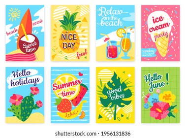 Summer poster. Beach party flyer with sea, surfboard, cocktails, pineapple, fruits, ice cream, tropical leaves. Hello holidays or vacation banner vector set. Relax on beach, nice day